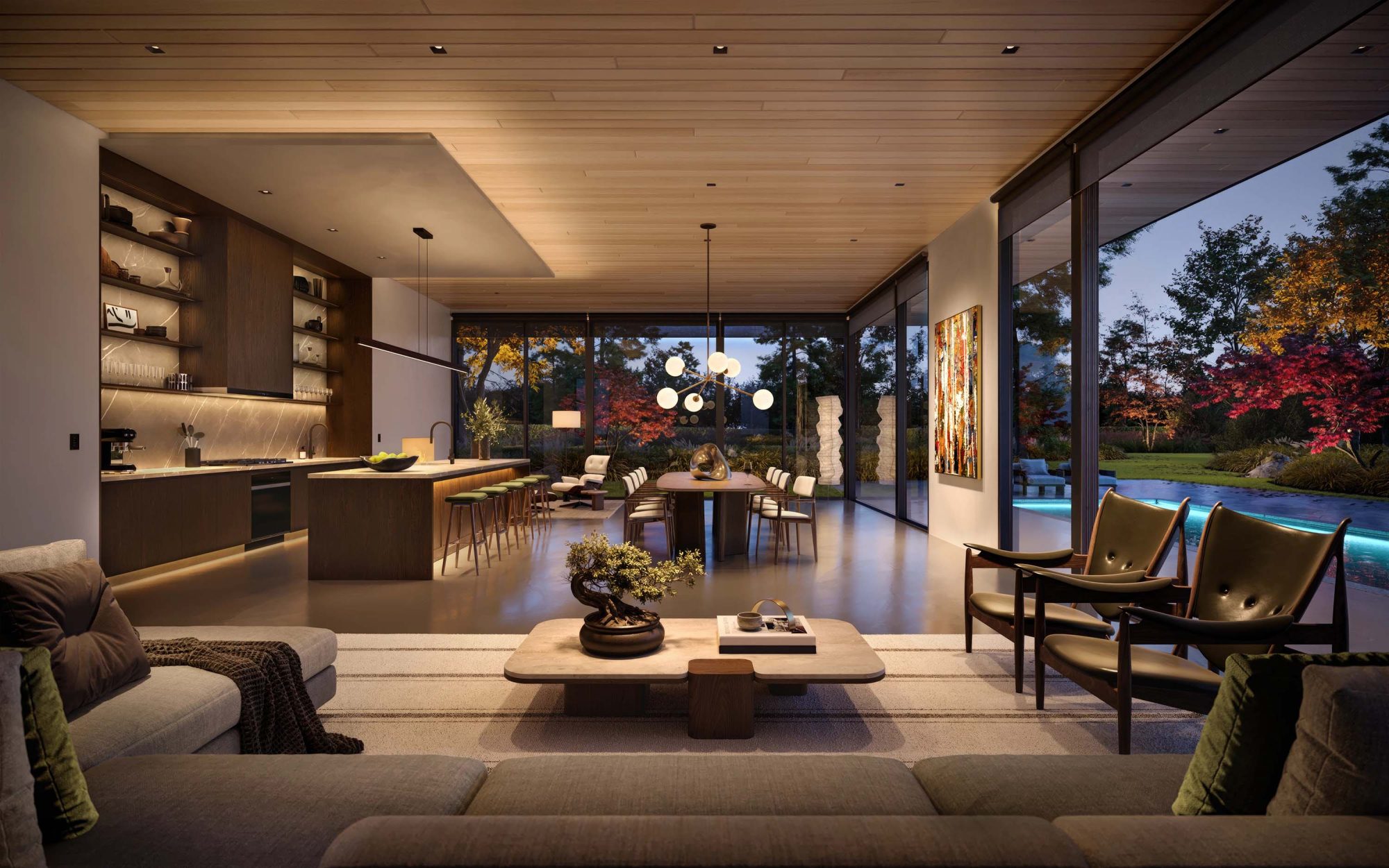Wide banner image showing a modern living space with smart home lighting and shading controls, featuring soft layers of ambient light, sleek contemporary furniture, and a clean, open layout that highlights integrated automation for lighting, blinds, and mood scenes.